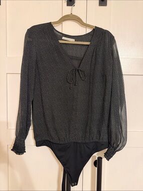 Abercrombie & Fitch Black Micro-Print Long Sleeve Tie-Neck Bodysuit